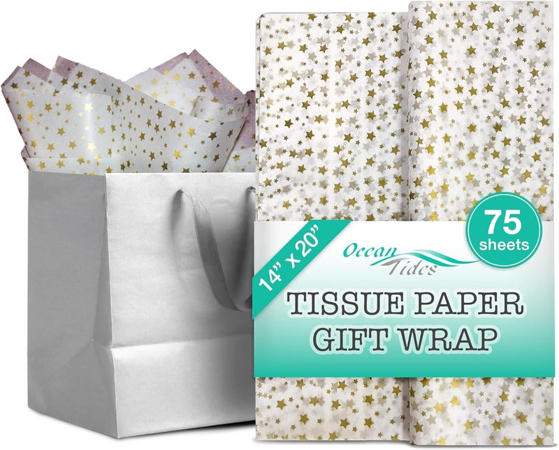 Ocean Tides Premium 75 Sheets (14 x 20 Inches) Valentine’s Wrapping Paper – Gift Wrapping Tissue Paper Bulk for Romantic Gifts, Crafts, & Birthdays – Colored Tissue Papers for Gift Bags, Gold Stars - Image 1